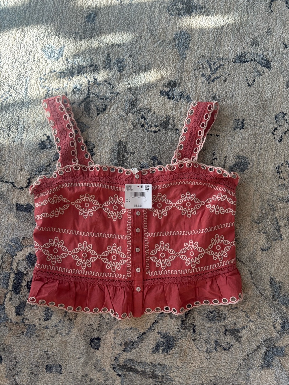 American Eagle Outfitters Red Embroidered Eyelet Button-Front Crop Tank